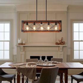 (Same as W1340P155968/L1011-RW) 32" Red Wood Industrial Farmhouse Rectangle Pendant Light, 5-Light Chandelier for Dining Room, Kitchen Island, Cafe D