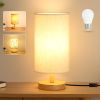 Desk Lamp LED Bulb Included, Small Bedside Table Lamp Plug in Classic Wood Base with Flaxen Fabric Shade