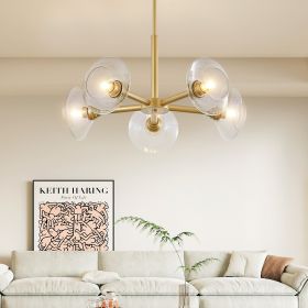 Modern Gold 5-Light Sputnik Chandelier with Clear Glass Shades, Mid-Century Hanging Pendant Light Fixture for Dining Room, Living Room, or Kitchen (B