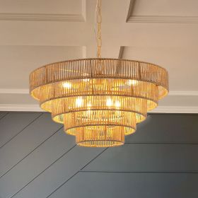 (Same as W1340P155977/L1019-5) 24" Modern 5-Layer Woven Hemp Rope Chandelier, Boho Style Pendant Light, Elegant Hanging Light Fixture for Living Room