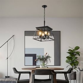 (Same as W1340111204/L1010) 16" Black Gold Industrial 4-Light Pendant Chandelier, Modern Metal Cage Design, Adjustable Hanging Light for Dining Room,