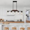 37" Farmhouse Industrial 5-Light Kitchen Island Pendant Light, Metal Wood Chandelier with Clear Glass Shades, Adjustable Height Hanging Fixture for D