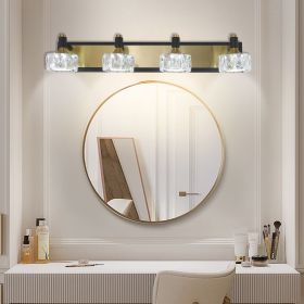 28" Modern Crystal LED Vanity Light with Black and Gold Finish – 4-Light Bathroom Wall Sconce, Elegant and Stylish Fixture for Bathroom, Bedroom, or
