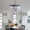 (NEW SKU:W1340P189315) 20" Modern Crystal Chandelier with Black Finish – Elegant 7-Light Pendant Light with 3 Tier Crystal Strands for Dining Room, L