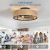 20 Inch Caged Ceiling Fans with Lights Flush Mount,Low Profile Fabric Farmhouse Bladeless Ceiling Fan with Remote, Farmhouse White Ceiling Fan for Be