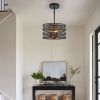 13" Rustic Industrial Pendant Light, 3-Light Black and Walnut Metal Cage Chandelier with Wood Accents for Kitchen Island and Dining Room (No Bulbs)