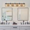 Farmhouse Vanity Light Fixture, 5-Light Bathroom Wall Sconce with Clear Seeded Glass Shades, Rustic Black Finish with Wood Backplate, Modern Industri