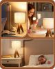 Tripod Table Lamp, Small Cute Bedside Lamp with Linen Beige Lampshade, Nightstand Lamp for Nursery, Bedroom, Kid Room, Living Room, Light Brown Woode