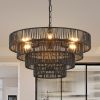 Rustic 4-Tier Black Hemp Rope Chandelier with 6 E12 Sockets, UL Listed Hardwired Pendant Light, Handmade Tiered Boho Ceiling Light Fixture for Dining