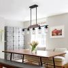 37" Farmhouse Industrial 5-Light Kitchen Island Pendant Light, Metal Wood Chandelier with Clear Glass Shades, Adjustable Height Hanging Fixture for D