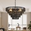 24" Rustic 5-Tier Black Hemp Rope Pendant Light Chandelier with 8 E12 Sockets, Boho Farmhouse Ceiling Fixture for Dining Room, Kitchen, or Entryway (