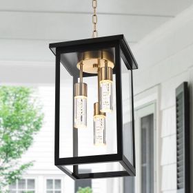 5CCT LED Large Outdoor Pendant Light Fixtures, LED Integrated Bulbs Included 3-Light Black and Brass Outdoor Hanging Lantern Light, Exterior Pendant