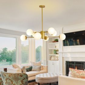 35" Modern 8-Light Gold Chandelier with White Glass Globe Shades, Mid-Century Branching Design, Elegant Ceiling Light Fixture for Dining Room, Living