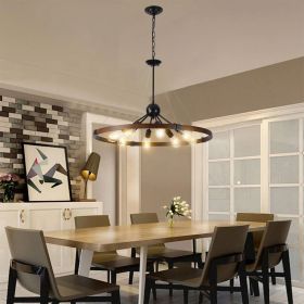 (Same as W1340111208/L1012) 32" Rustic Industrial Chandelier, 8-Light Farmhouse Pendant Lighting Fixture with Metal and Wood Finish, Adjustable Chain