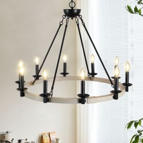 32" Rustic Farmhouse 10-Light Candle Chandelier, Black Metal and Wood Round Hanging Light Fixture for Dining Room, Kitchen, Living Room, Adjustable H