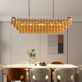 54" Black Rectangular Chandeliers for Dining Room, 12-Light 4 Tiered Large Smoke Glass Chandelier, Modern Kitchen Island Farmhouse Hanging Light Fixt