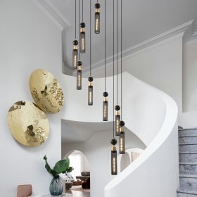 24" Modern Industrial Multi-Light Pendant Chandelier - 9-Light Black and Gold Adjustable Ceiling Light Fixture with Mesh Cylinder Shades for Living R
