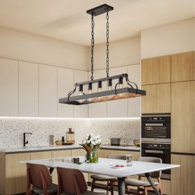 34-Inch Black Industrial Pendant Light with 5 E26 Bulb Sockets, Adjustable Chain Height – Modern Farmhouse Linear Chandelier for Dining Room, Kitchen