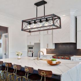 32" Red Wood Industrial Farmhouse Rectangle Pendant Light, 5-Light Chandelier with Lampshade for Dining Room, Kitchen Island, Cafe Decor (No Bulbs)