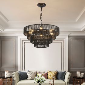 Rustic 4-Tier Black Hemp Rope Chandelier with 6 E12 Sockets, UL Listed Hardwired Pendant Light, Handmade Tiered Boho Ceiling Light Fixture for Dining