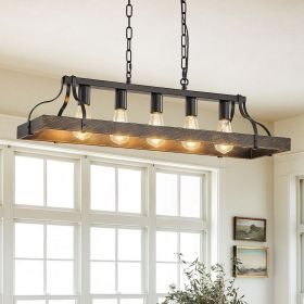 33.7-Inch Black and Gold Vintage Pendant Light, 5 E26 Bulb Sockets, Adjustable Chain Height – Antique Style Chandelier for Dining Room, Kitchen, or L