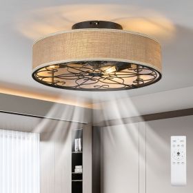 20 Inch Caged Ceiling Fans with Lights Flush Mount,Low Profile Fabric Farmhouse Bladeless Ceiling Fan with Remote, Farmhouse White Ceiling Fan for Be
