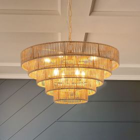 (Same as W1340P155977/L1019-5) 24" Modern 5-Layer Woven Hemp Rope Chandelier, Boho Style Pendant Light, Elegant Hanging Light Fixture for Living Room