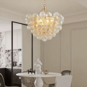 23.6-Inch Gold Pendant Light Chandelier with Threaded Clear Glass Globe Shade – Adjustable Height, Ideal for Living Room, Dining Room, Kitchen (No Bu