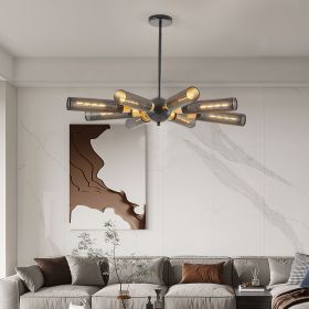 34" Modern Industrial Sputnik Chandelier, 8-Light Black and Gold Metal Pendant Light with Mesh Shades, E26 Base, Adjustable Height for Dining Room, L