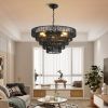 24" Rustic 5-Tier Black Hemp Rope Pendant Light Chandelier with 8 E12 Sockets, Boho Farmhouse Ceiling Fixture for Dining Room, Kitchen, or Entryway (