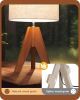 Tripod Table Lamp, Small Cute Bedside Lamp with Linen Beige Lampshade, Nightstand Lamp for Nursery, Bedroom, Kid Room, Living Room, Light Brown Woode