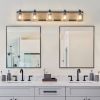 Farmhouse Vanity Light Fixture, 5-Light Bathroom Wall Sconce with Clear Seeded Glass Shades, Rustic Black Finish with Wood Backplate, Modern Industri