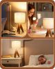 Tripod Table Lamp, Small Cute Bedside Lamp with Linen Beige Lampshade, Nightstand Lamp for Nursery, Bedroom, Kid Room, Living Room, Light Brown Woode