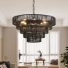 24" Rustic 5-Tier Black Hemp Rope Pendant Light Chandelier with 8 E12 Sockets, Boho Farmhouse Ceiling Fixture for Dining Room, Kitchen, or Entryway (