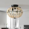 18" Bohemian Wood Beaded Ceiling Fan with Light, Flush Mount Caged Ceiling Fan, Rustic Farmhouse Low Profile Fan Light Fixture for Indoor Home Decor