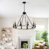 Rustic Farmhouse 10-Light Candle Chandelier, Black Metal and Wood Round Hanging Light Fixture for Dining Room, Kitchen, Living Room, Adjustable Heigh