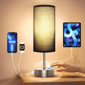 Small Bedside Lamp Touch Control Table Lamp with USB A+C Charging Ports & AC Outlet 3-Way Dimmable Nightstand Lamp with Linen Fabric Shade for Bedroo (Bulb Base: E27)