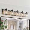 40" Farmhouse Vanity Light Fixture, 5-Light Bathroom Wall Sconce with Clear Seeded Glass Shades, Black and Wood Grain Finish, Modern Industrial Desig