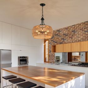 19" Boho Hemp Rope Pendant Light, Hand-Woven Jute Hanging Lamp with Adjustable Chain, Natural Rope Shade Ceiling Light Fixture for Kitchen Island, Di (Color: as Pic)